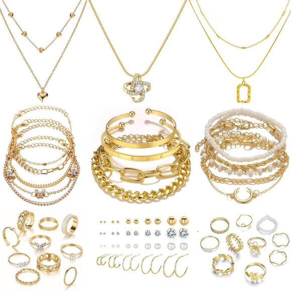 36 PC Gold Plated Jewelry Set with 4 Necklace, 11 Bracelet, 7 Ear Cuffs Earring, - Picture 1 of 8